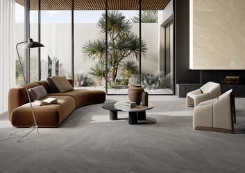 Dlažba imitující kámen Atlantis fumo šedá barva na podlaze v obývacím pokoji