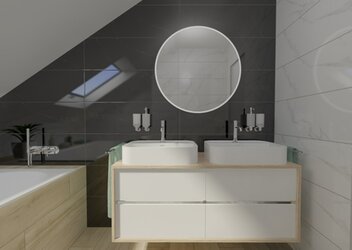 Jemná imitace mramoru Paris white a black na stěně v koupelně s umyvadlem, zrcadlem, skříňkou a vanou