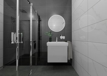 Obklad do koupelny imitace mramoru Paris bílá a černá barva na stěně v koupelně se sprchovým koutem a umyvadlem