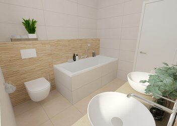 Obklad a dlažba do koupelny s vanou v bílém a béžovém provedení Mood