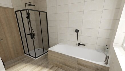 Koupelnové obklady Manila světle a tmavě béžová barva na stěnách v koupelně imitace dřeva na podlaze